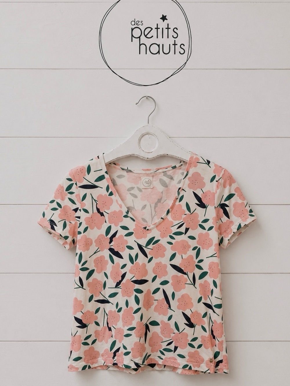 DES PETITS HAUTS – White Floral T-Shirt T0 size XS
